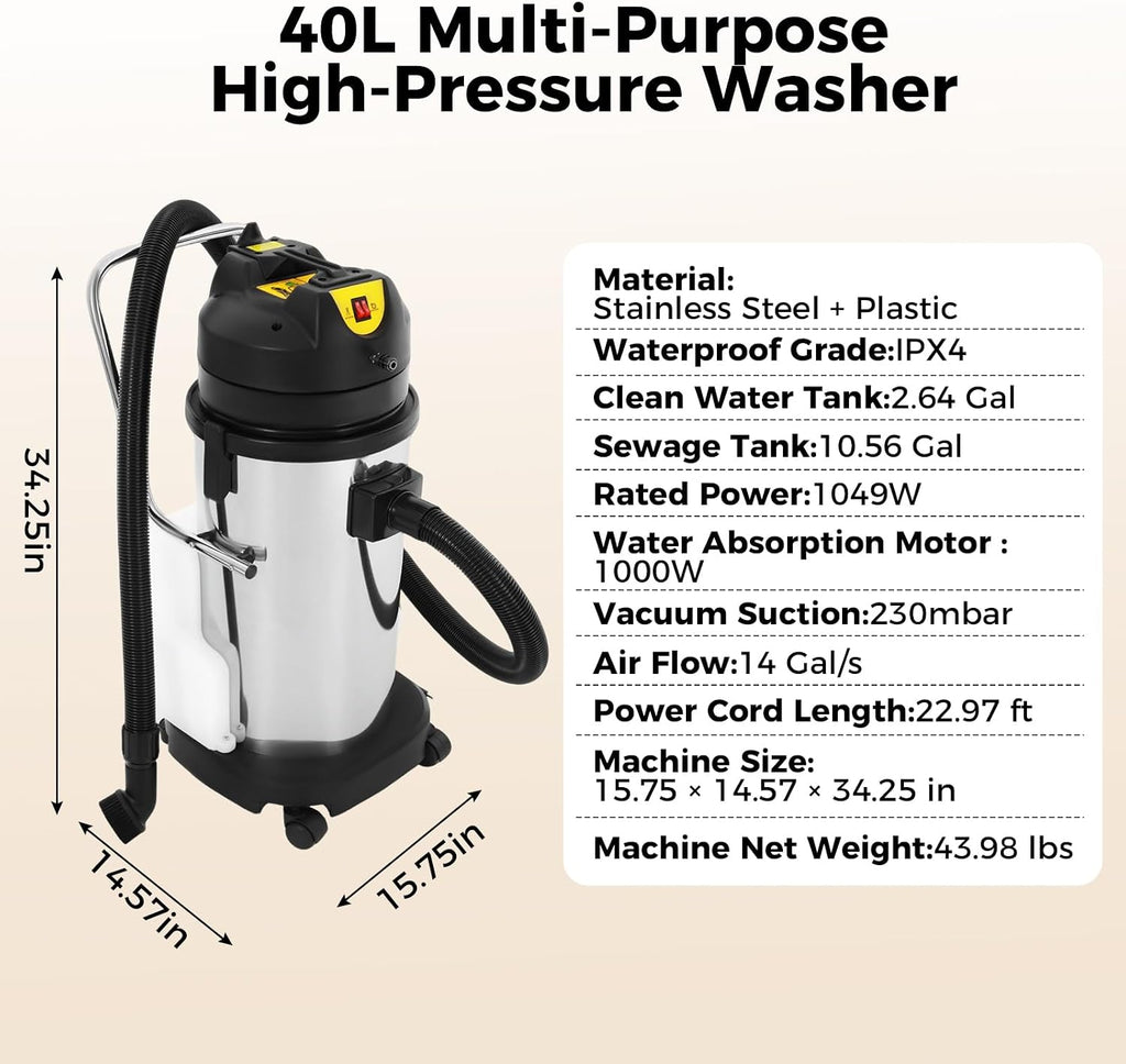 40L Commercial Carpet Cleaning Machine 3 in 1 Upholstery Cleaner Machine 1000W Professional Extractor Vacuum Washing Machine for Cleaning Carpets, Sofas, Curtains, Vacuuming and Spraying