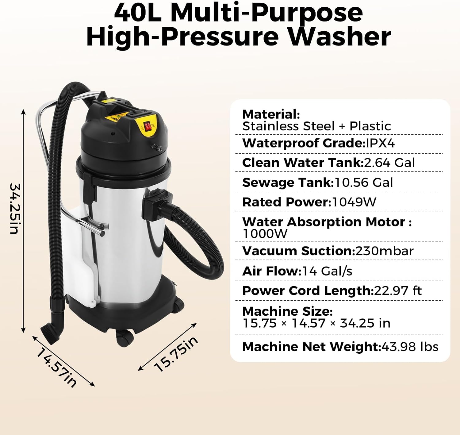 40L Commercial Carpet Cleaning Machine 3 in 1 Upholstery Cleaner Machine 1000W Professional Extractor Vacuum Washing Machine for Cleaning Carpets, Sofas, Curtains, Vacuuming and Spraying