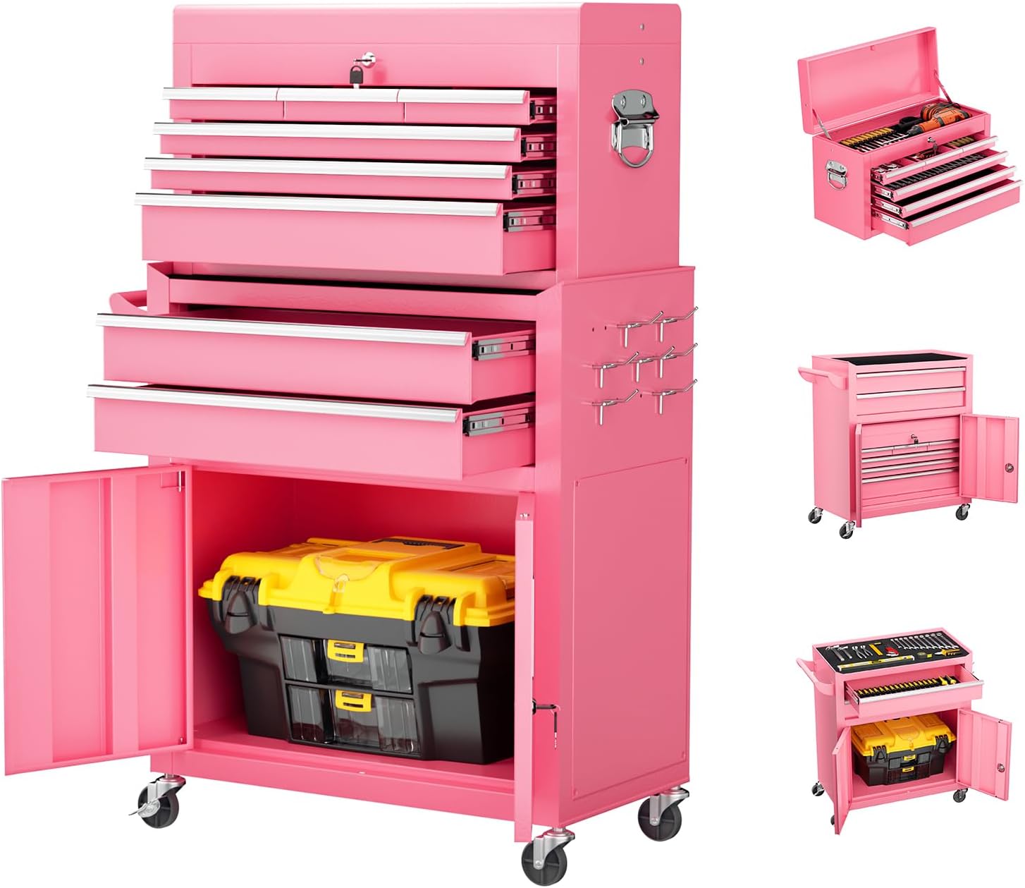 8-Drawer Rolling Tool Chest - Heavy-Duty Steel Tool Cabinet with Detachable Top Box, Locking Wheels & Security System for Garage/Workshop, 2-in-1 Design (Pink)
