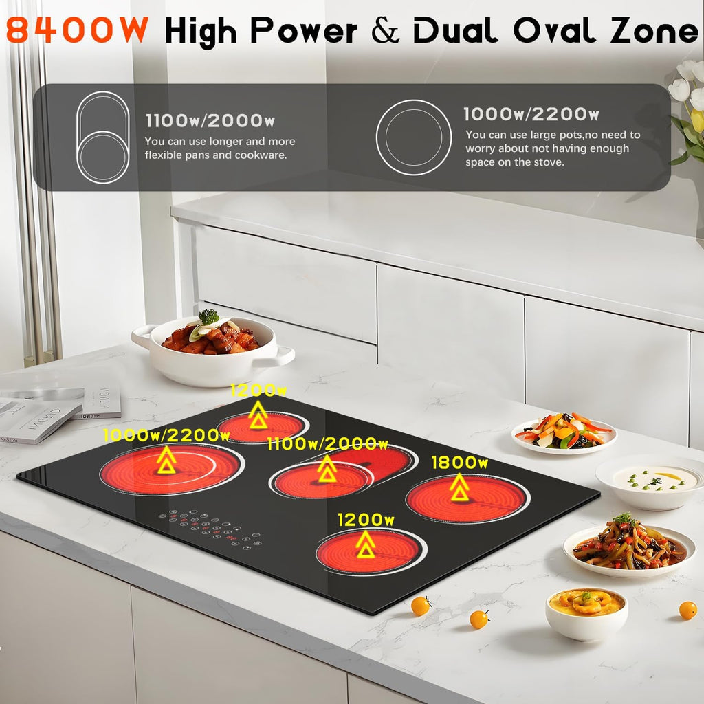 30 Inch Electric Cooktop 5 Burner 8400W Electric Stove 30 Inches Built-in Ceramic Stovetop with Touch Control, Timer, 9 Power Level, Safety Lock & Pause, 220V-240V Hard Wird (No Plug)