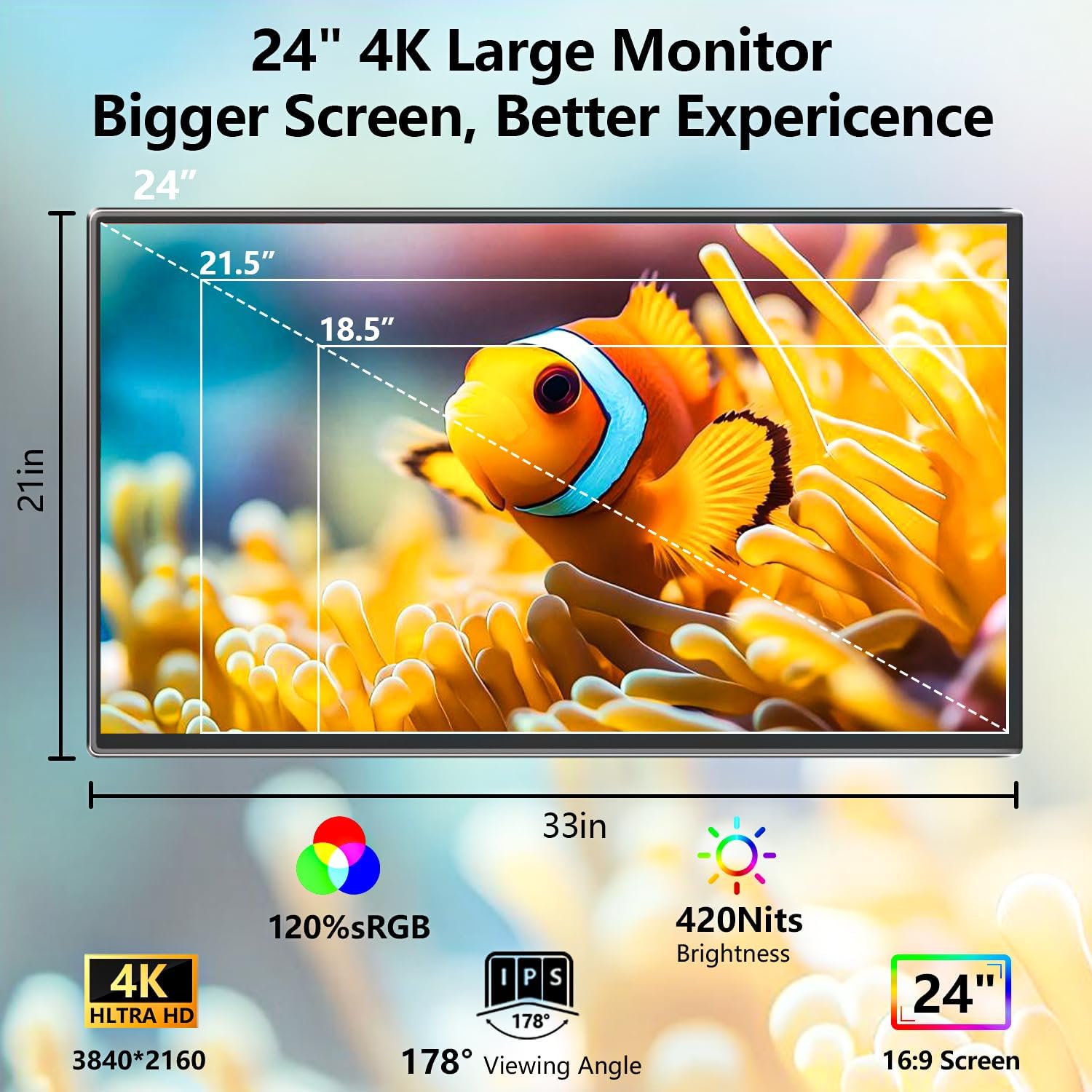 4K Large Portable Monitor 24' Travel Monitor UHD 3840*2160 120% sRGB External Second Screen for MacBook Laptop Desktop Mini PC W/Stand VESA HDMI USB-C Gaming Display for PS5/Xbox Devices(O2401) (4K)