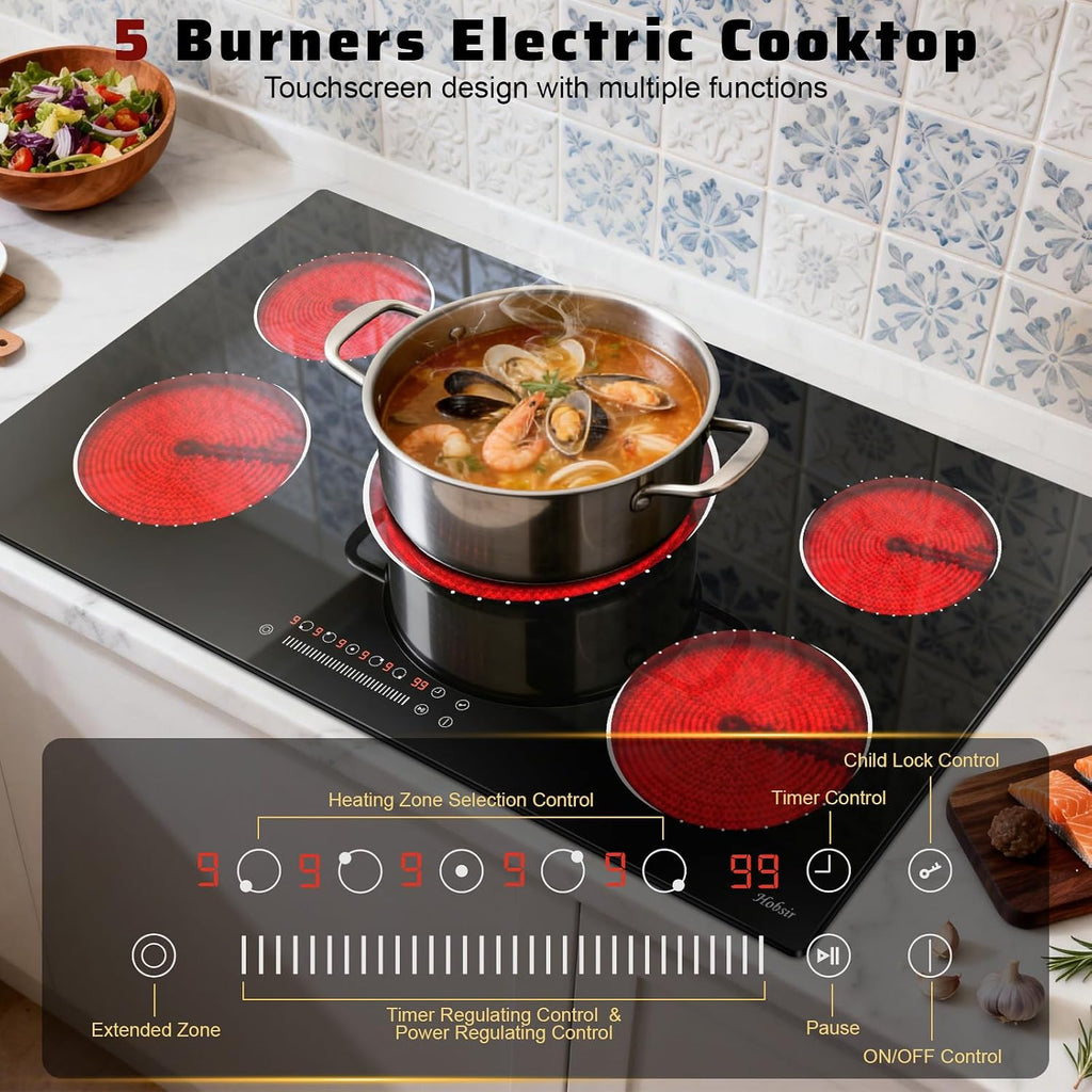 36 Inch Electric Cooktop 5 Burner Electric Stove Top 9200W, Triple‑Ring Central Burner, 9‑Level Slide Control, Touch Control with Safety Lock, 99‑Mins Timer, Pause, Built‑In Size 34.25×19.29 Inch