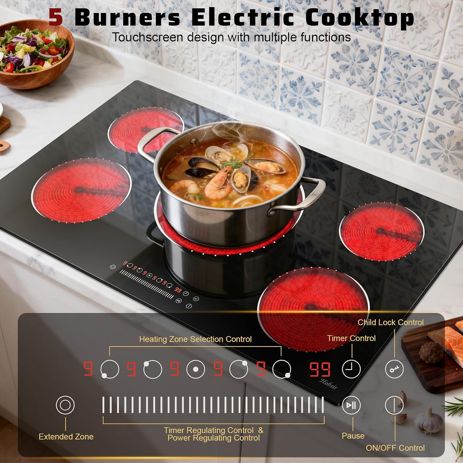 36 Inch Electric Cooktop 5 Burner Electric Stove Top 9200W, Triple‑Ring Central Burner, 9‑Level Slide Control, Touch Control with Safety Lock, 99‑Mins Timer, Pause, Built‑In Size 34.25×19.29 Inch