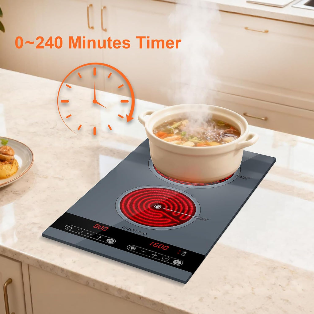 Dual Coil Design of Double Burner Electric Cooktop, 1800W Ceramic Hot Plate for Cooking, Portable Countertop Infrared 2 Burner or 12inch Built-in Radiant Stove Top Cooker, Compatible with All Cookware