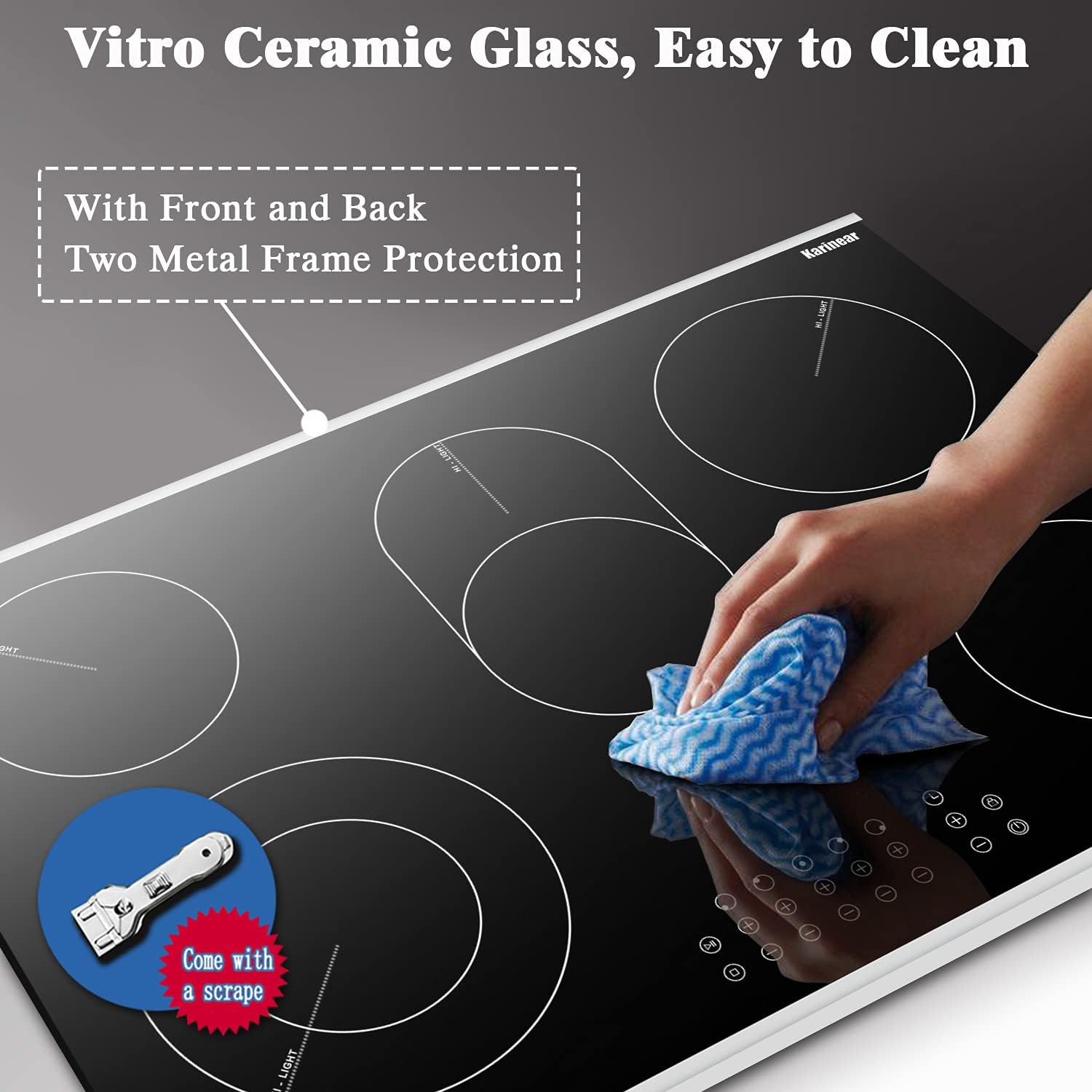 Karinear 30 Inch Electric Cooktop 30 Inch 5 Burners Electric Stove Ceramic Cooktop, Drop-in Radiant Stovetop with Front and Back Metal Frame, Lock, Timer, 8400W, 220-240V, Hard Wire, No Plug