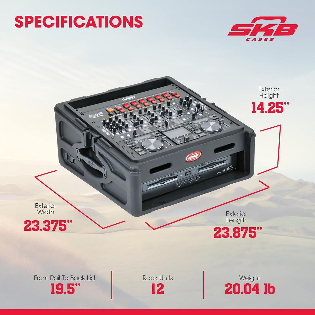 SKB Roto Rack/Mixer Console, 10U Slanted Rackmount on top, 2U Rackmount in Front with Steel Threaded Rails, Hard Lid and Doors and Side Access Ports