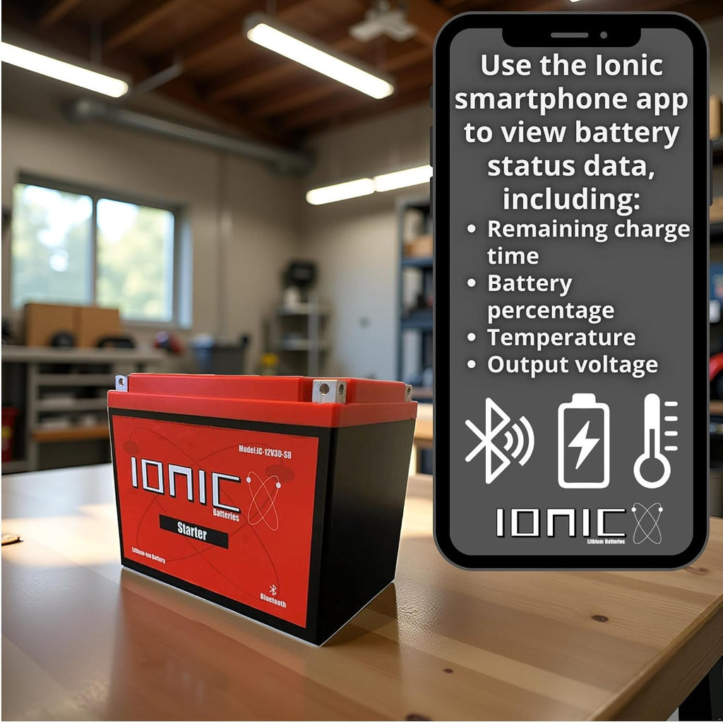 Ionic Lithium 12V Starter Battery for Zero-Turn Lawn Mowers - 12V Group U1 Battery with 1220CA - Bluetooth Capability - 9lbs - IC-12V30-S8