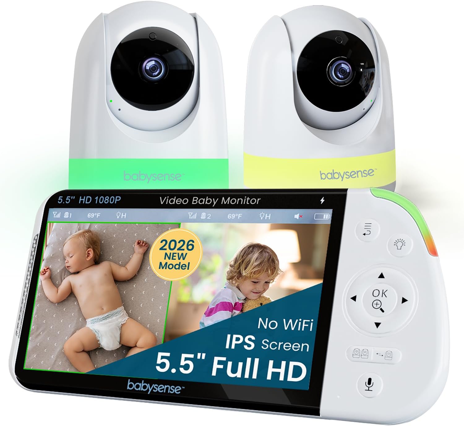 Babysense 5.5' Full-HD Split-Screen Baby Monitor, Video Baby Monitor with Camera and Audio, 3 Cameras with 6-Color RGB Night Light, 1000ft Range, 5000mAh Battery