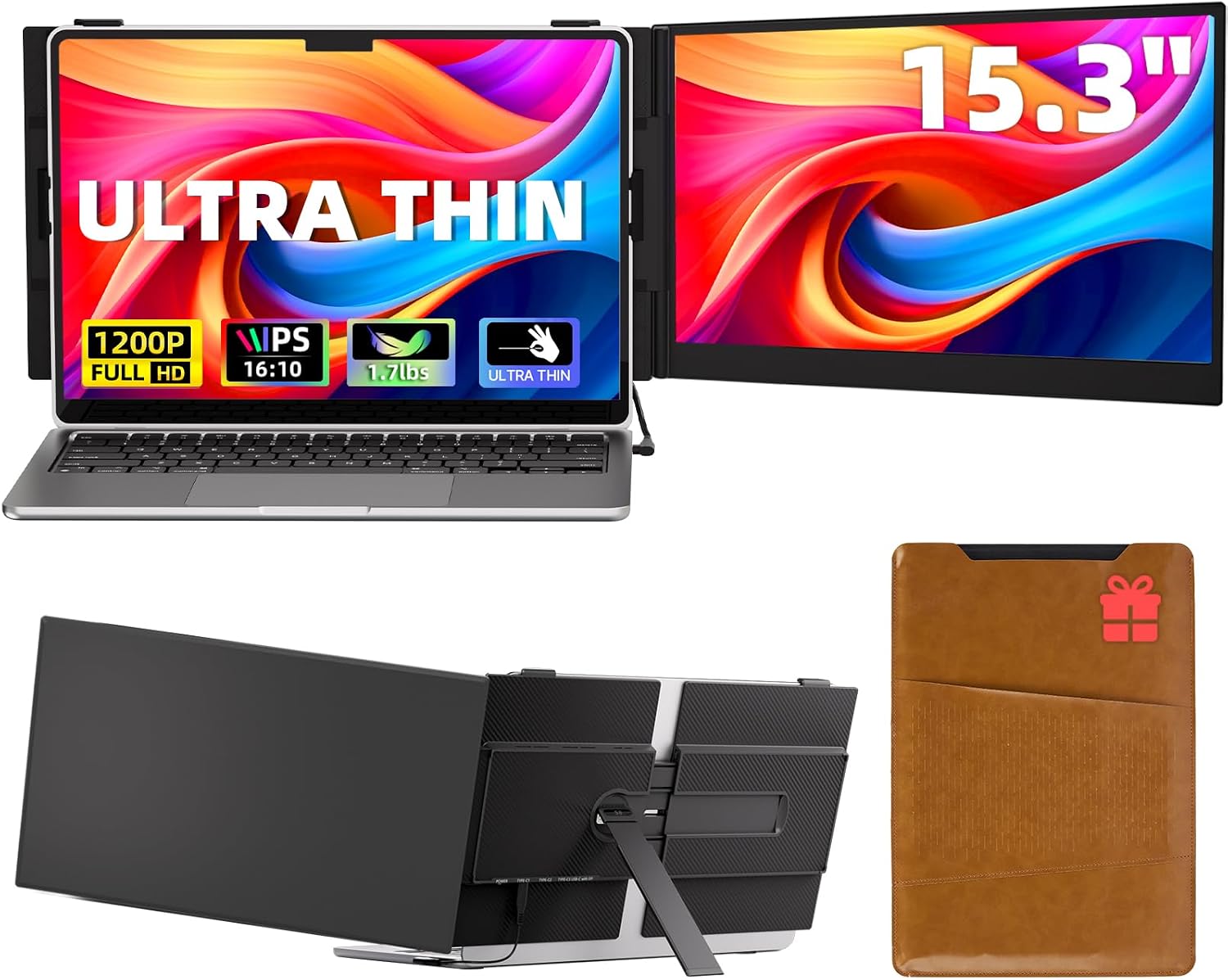 15.3' Laptop Screen Extender, FHD IPS 100% sRGB Portable Travel Monitor for Laptop (15'-17.3' Screen), 16:10 Plug & Play External Screen, Second Extra Attachment Display for Windows Mac