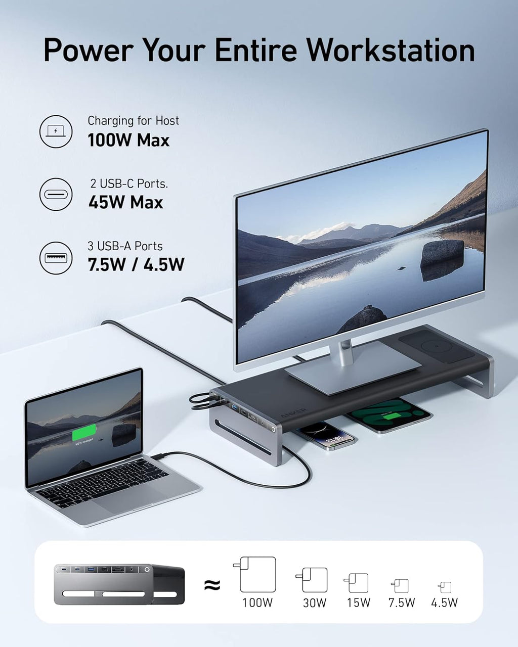 Anker 675 USB-C Docking Station (12-in-1, Monitor Stand, Wireless) with 10Gbps USB-C Ports, 4K@60Hz HDMI Display, Wireless Charging Pad, for Lenovo ThinkPad, MacBook Pro M1 / M2