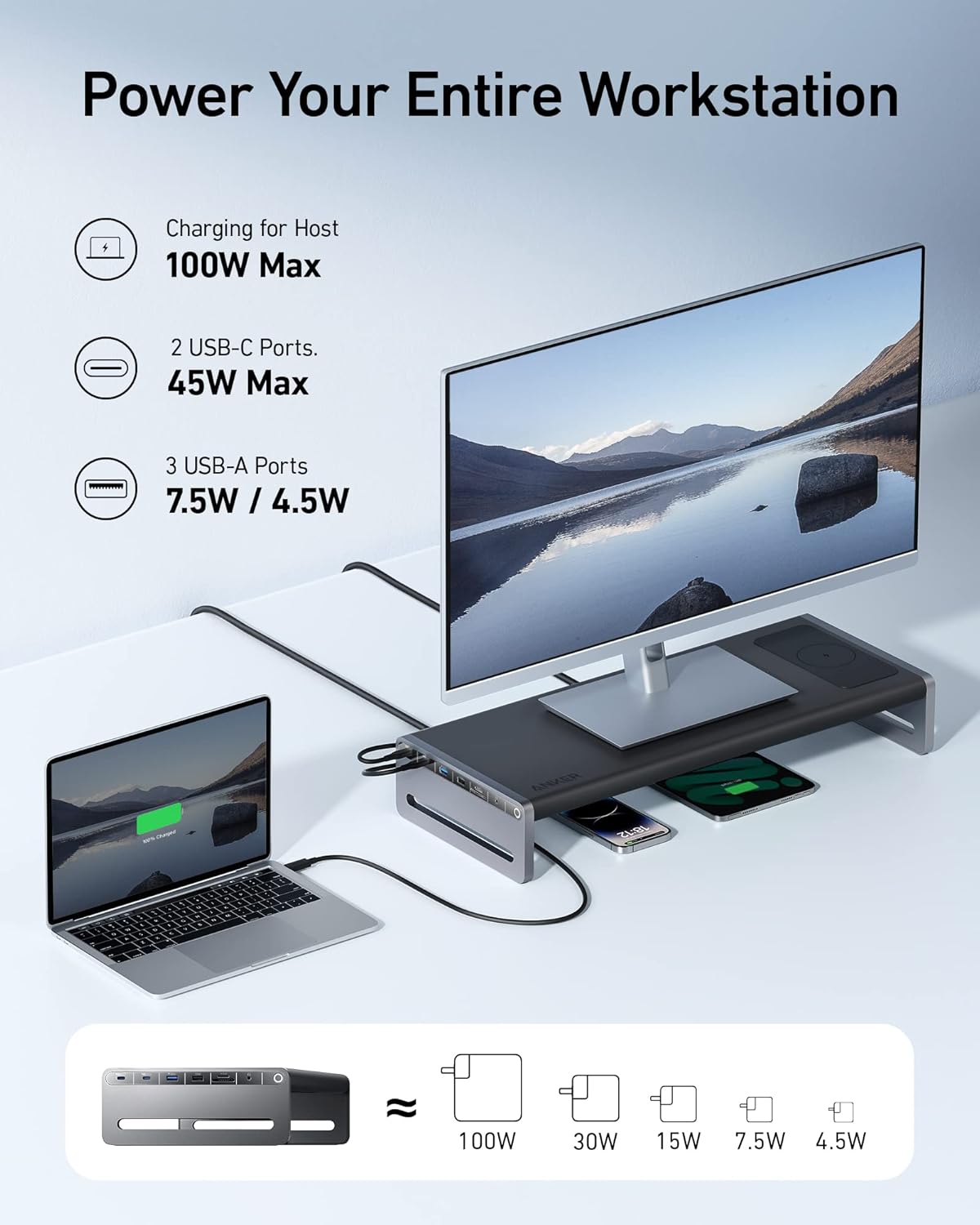 Anker 675 USB-C Docking Station (12-in-1, Monitor Stand, Wireless) with 10Gbps USB-C Ports, 4K@60Hz HDMI Display, Wireless Charging Pad, for Lenovo ThinkPad, MacBook Pro M1 / M2