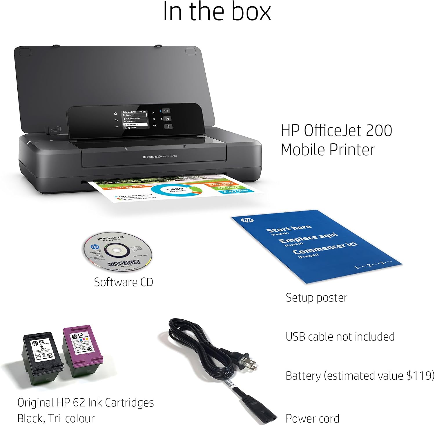 HP OfficeJet 200 Wireless Mobile Printer - Black, Battery Included (CZ993A)