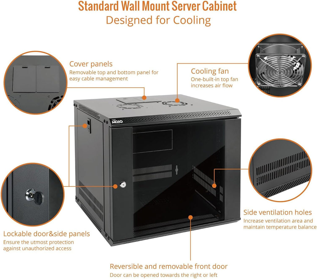 Tecmojo 9U Wall Mount Server Cabinet IT Network Rack Enclosure Lockable Door and Side Panels Black,Cooling Fan, Glass Door, 17.7inch Depth,for 19' IT Equipment, A/V Devices