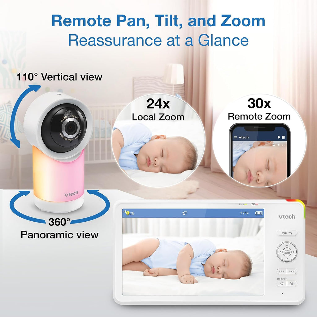 VTech Smart WiFi 7' HD Display Video Baby Monitor, 1080p HD Camera via App, Pan-Tilt-Zoom, Night Light, 2-Way Talk, 2K CMOS Video Sensor, Wide-Angle Viewing, Rechargeable Battery, Free App: RM7866HD