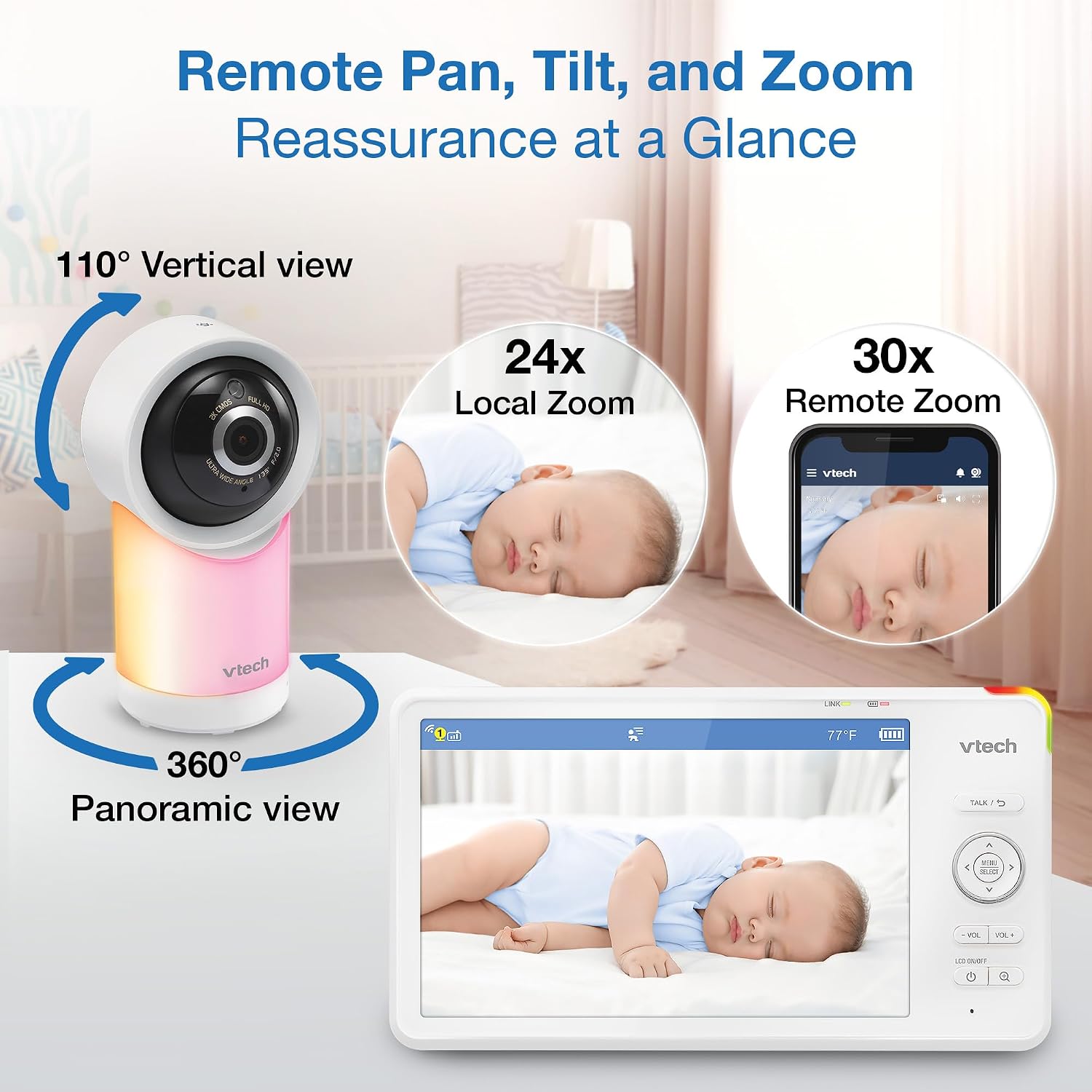 VTech Smart WiFi 7' HD Display Video Baby Monitor, 1080p HD Camera via App, Pan-Tilt-Zoom, Night Light, 2-Way Talk, 2K CMOS Video Sensor, Wide-Angle Viewing, Rechargeable Battery, Free App: RM7866HD