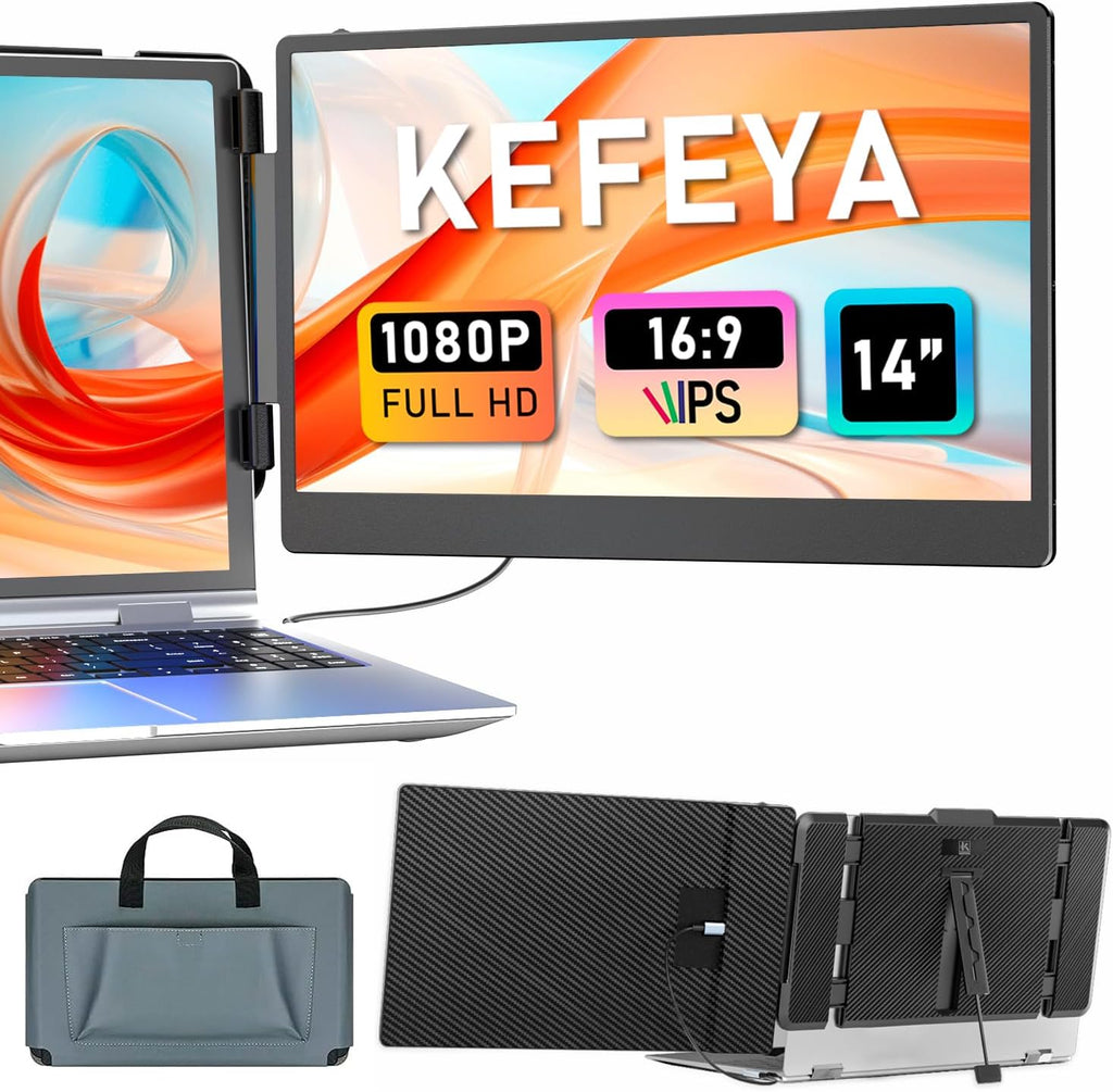 KEFEYA Laptop Screen Extender, 14' Portable Monitor for Laptops 13-17', 1080P FHD IPS Monitor Extender for Laptop with USB-C/HDMI Port, Plug n Play for Windows/Chrome/Mac/Switch/PS5