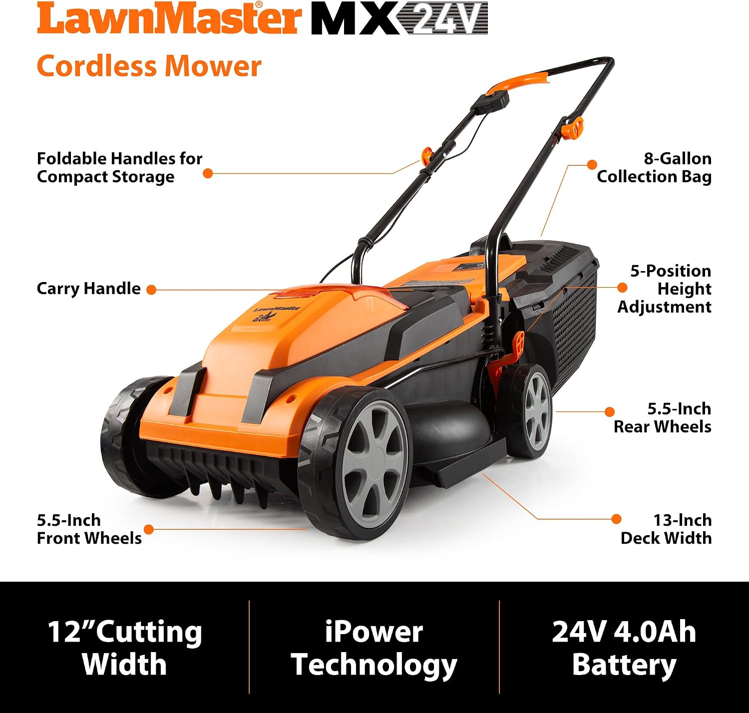 LawnMaster Cordless 24V Max 13-inch Lawn Mower and Cordless Leaf Blower Combo with 2x4.0Ah Batteries and Charger-24VMWBL