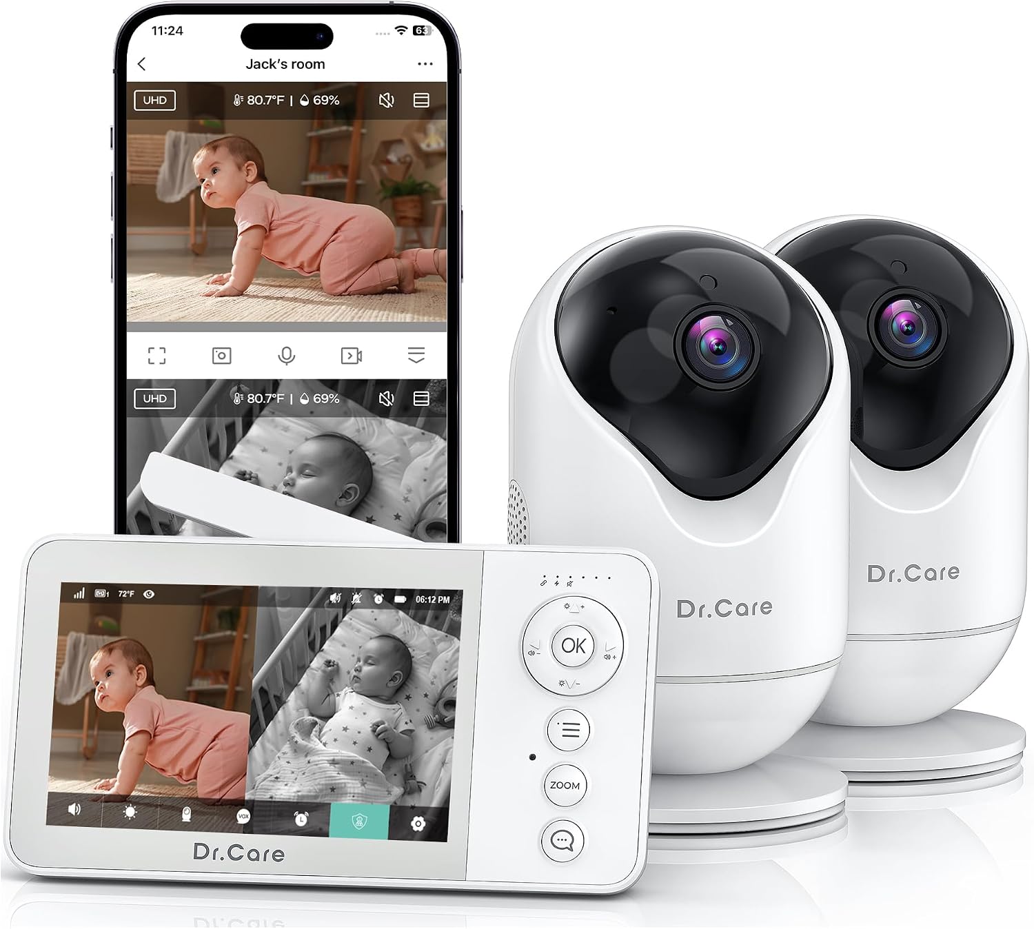 Dr.Care VistaView Lite RB Smart WiFi Baby Monitor with 2 Cameras - 4' 720P Split Screen & 1080P Camera App Control, Motion Alerts, 2500mAh Removable Battery, Night Vision, 2-Way Talk, Multi-User