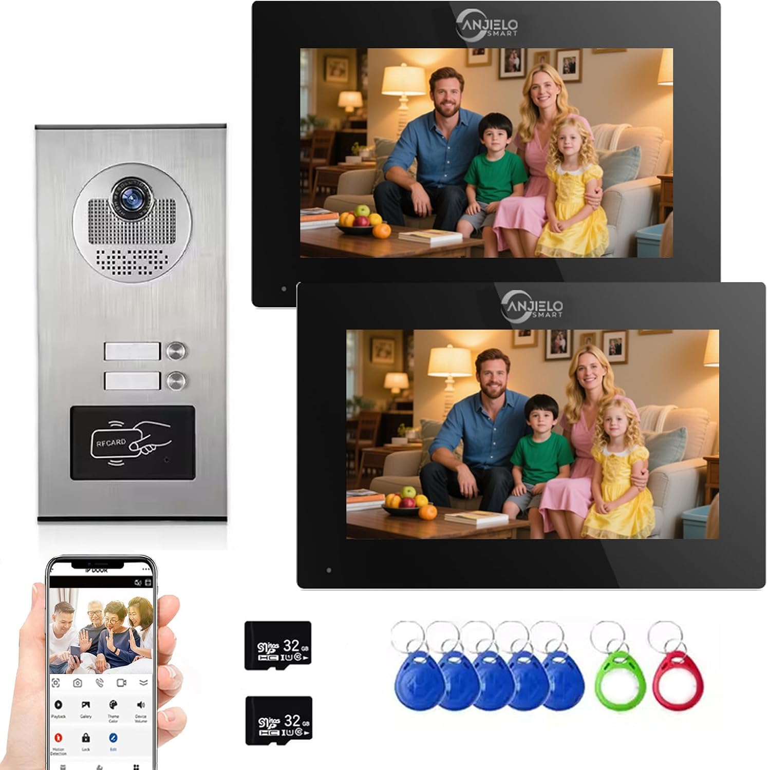 Wired Apartment Video Intercom System,1080P HD Video Doorbell, Compatible with 2 Units 7-inch Touchscreen,Supports Motion Detection,Two-Way Audio,Tuya Smart Home