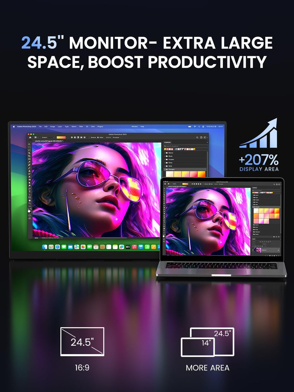 UPERFECT Portable Monitor, 24.5' 2K 165Hz 500Nits 0.1ms FreeSync HDR IPS Gaming Monitor with Stand VESA USB-C Mini HDMI, Large Second Screen for Laptop, Computer, Phone, Mini PC, Game Consoles