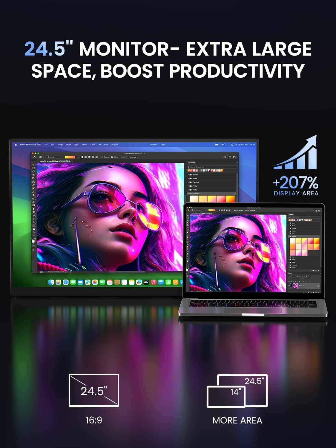 UPERFECT Portable Monitor, 24.5' 2K 165Hz 500Nits 0.1ms FreeSync HDR IPS Gaming Monitor with Stand VESA USB-C Mini HDMI, Large Second Screen for Laptop, Computer, Phone, Mini PC, Game Consoles