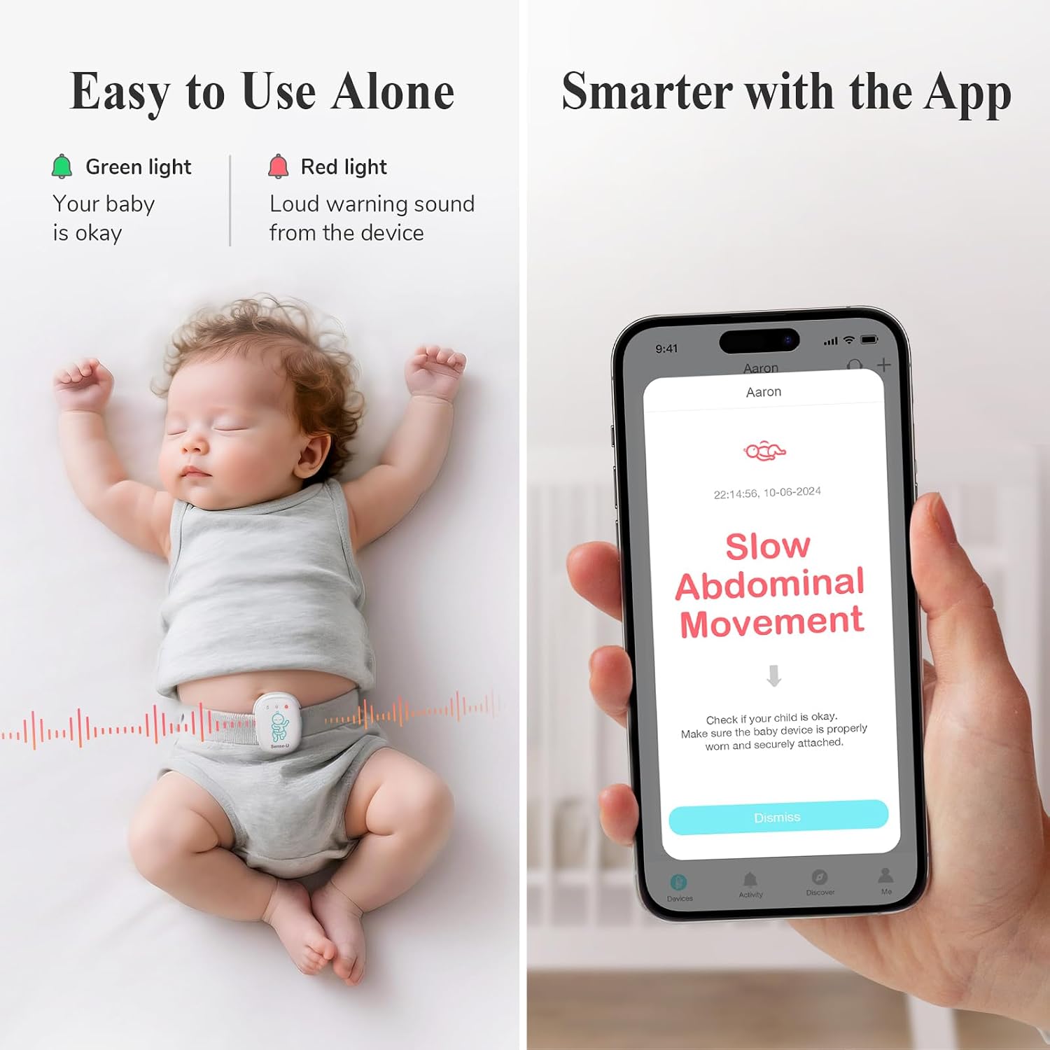 Sense-U Pro Baby Breathing Movement & Sleep Position Monitor with Gentle Vibration Alerts, Temperature Notifications, Audible & App Alerts, Sleep Analysis, Long Battery Life, Easy Clip-On Design