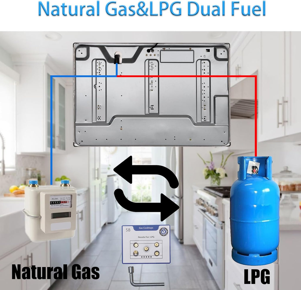 Hothit 5 Burner 30 inch Gas Cooktop, LPG/NG Dual Fuel Built-in Electronic Ignition Propane Stove Top with Pressure Regulator, Stainless Steel Gas Hob for Kitchen, Apartment, Outdoor(AHT30IN30S)