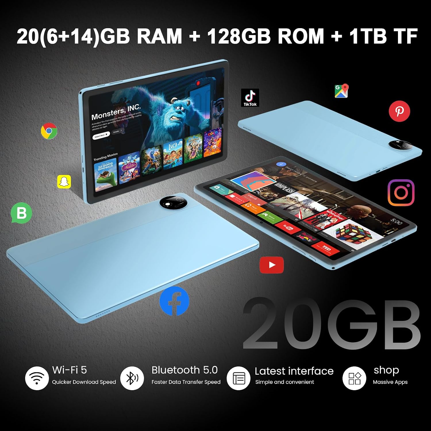 HUIHUANG Tablet with Keyboard | Android 15 | 20GBRAM+128 Storage(Expand to 1TB), 8000mAh Battery | Widevine L1, 11 in Tablet with 5G/2.4G WiFi | BT5.0 | GMS Certified | Keyboard Mouse | Case (Blue)