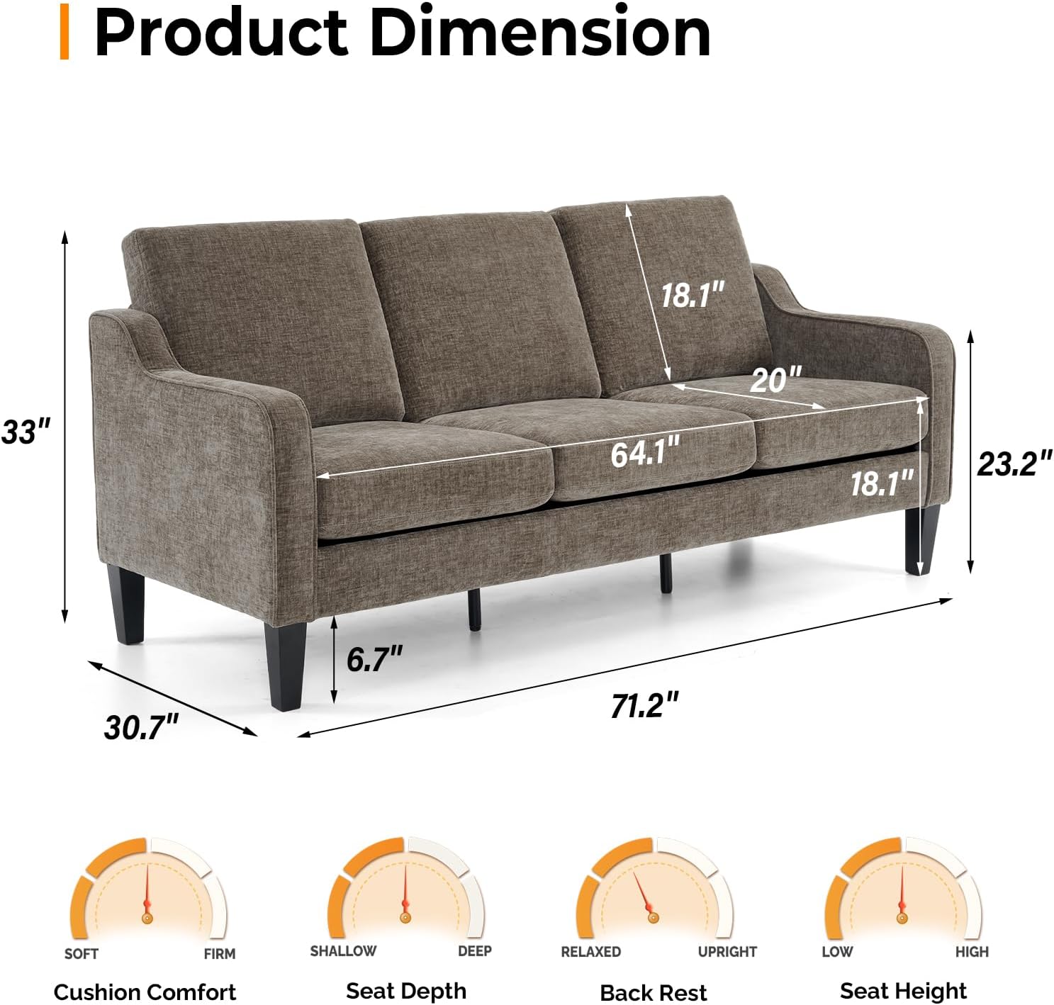 VINGLI Couches for Living Room, Brown 71' Small Sofa Mid Century Modern Couches 3 Seater Comfy Couch Upholstered Soft Chenille Floor Couch for Bedroom, Apartment, Office