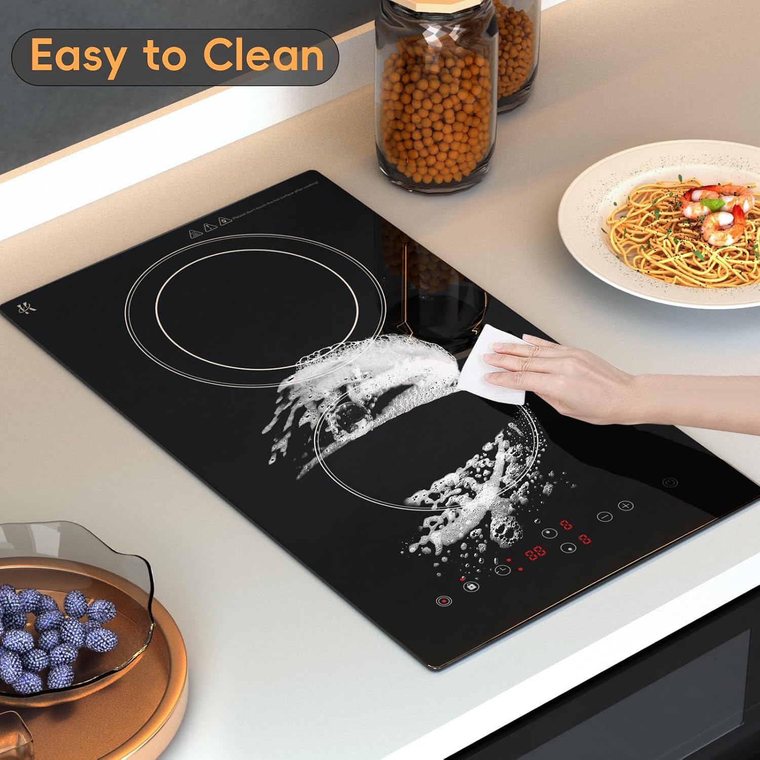 Electric Cooktop 2 Burner, 1800W Radiant Electric Stove Top 120V with Countertop & Built-in Design, 12 inch Touch Control Ceramic Cooktop with Safety Lock, 9 Level Power, Timer - Plug in