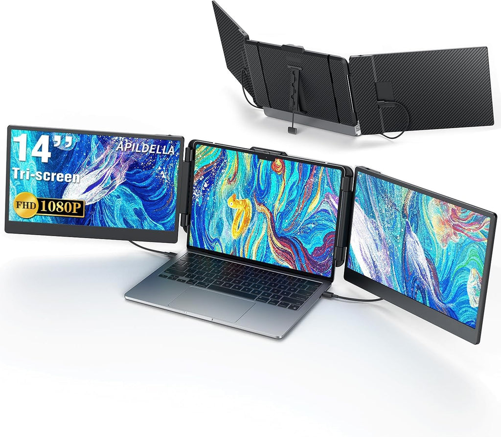 APILDELLA 14'' Triple Laptop Screen Extender, 1080P FHD Portable Dual Monitor for Laptop USB C HDMI, Plug-Play Monitor Extender for Triple Display for Mac/Windows, Fit 13'-17.3' Laptops