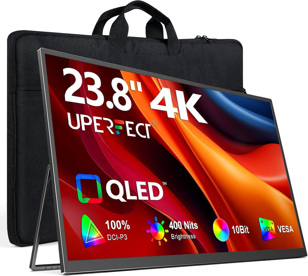 UPERFECT Portable Monitor 4K 23.8' QLED| 400 Nits 24' Large Monitor | 3840 * 2160 UHD 100% DCI-P3 | 1MS FreeSync | USB-C & HDMI | VESA & Stand | Second Screen for Computer, Mini PC, Game Consoles