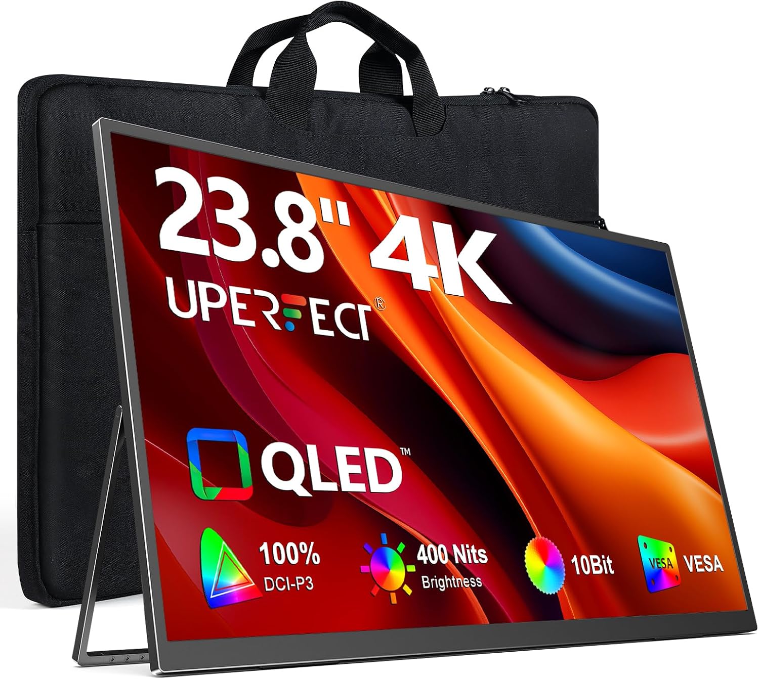 UPERFECT Portable Monitor 4K 23.8' QLED| 400 Nits 24' Large Monitor | 3840 * 2160 UHD 100% DCI-P3 | 1MS FreeSync | USB-C & HDMI | VESA & Stand | Second Screen for Computer, Mini PC, Game Consoles
