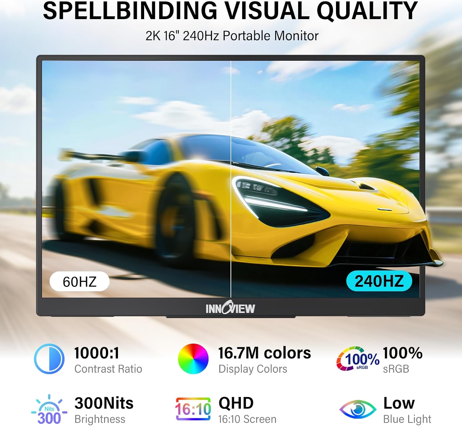 InnoView 16' 240Hz Portable Monitor 2K 2560x1600 100% sRGB Portable Gaming Monitor Laptop Monitors Built-in Speakers 180° Adjustable Type-C HDMI Laptop Screen Extender for Surface Pro PS5 Switch Xbox