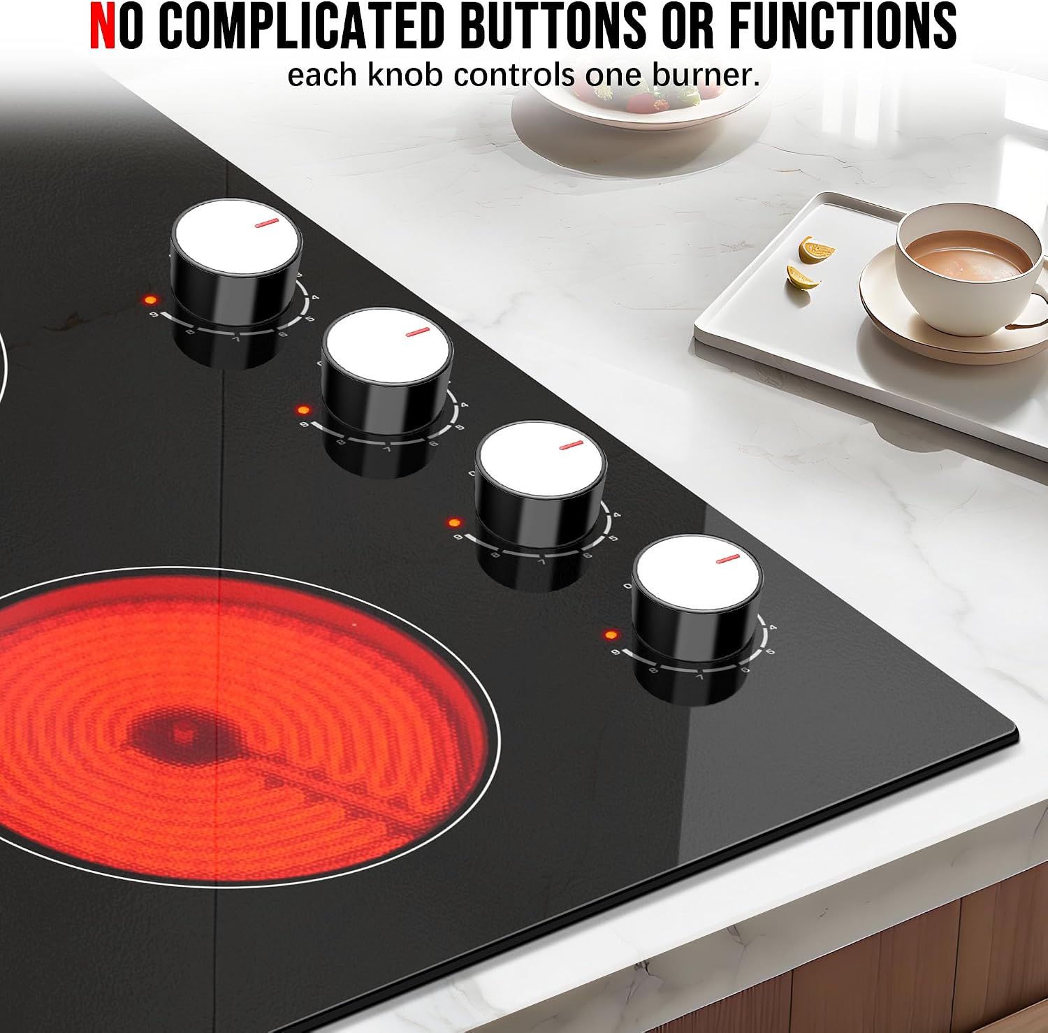Karinear 24 Inch Electric Cooktop 4 Burners Electric Stove, Knob Control,6000W, Built-in Radiant Hob,Residual Heat Indicator, Overheat Protection,Hardwired 220V Radiant Ceramic Stove (White Knob)