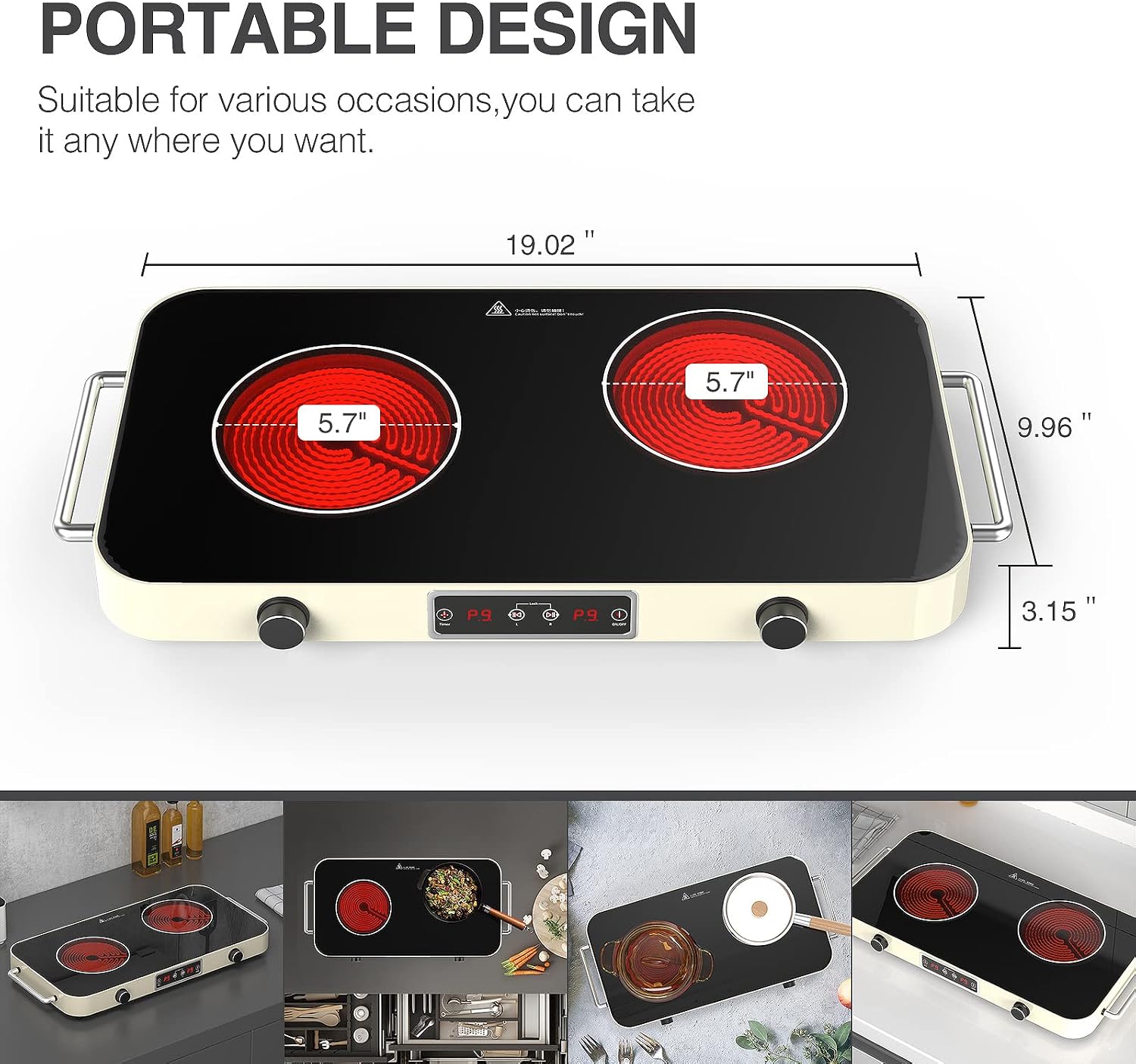 Electric Cooktop, Portable Electric Stove 110V 2 Burners 9 Heating Levels with 2 Handle, 2200W Knob Control Child Safety Lock & Timer (Portable)