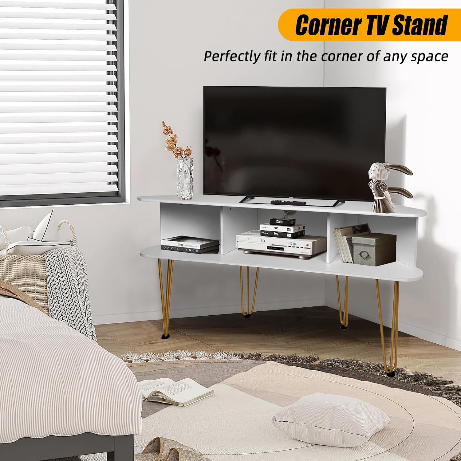 Corner TV Stand for 50 Inch TV, Entertainment Center with Storage Cabinet, Industrial Media Console Table with High Metal Feet and Anti-Slip Pads, TV Stand for Living Room, 50' TV Console, White