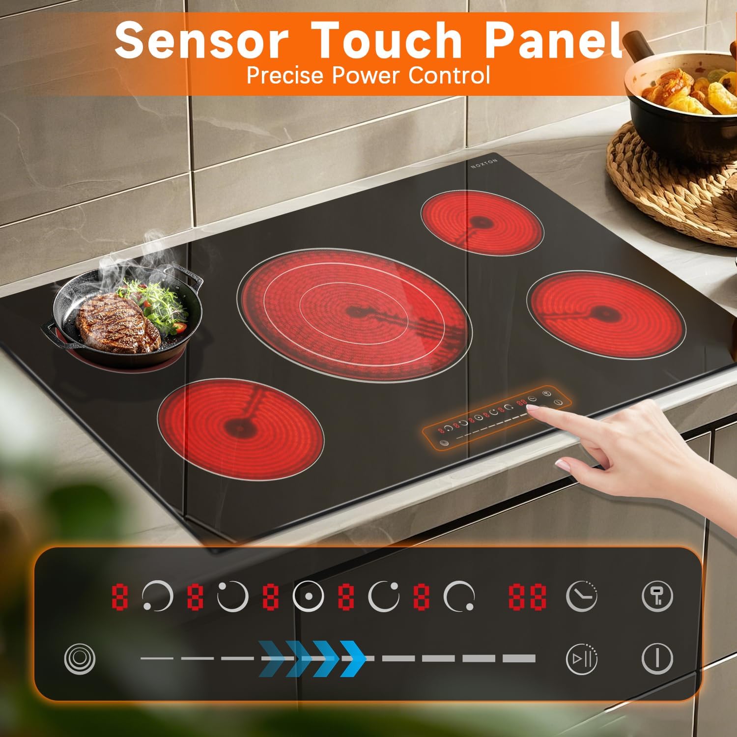 Noxton 36 Inch Electric Cooktop 5 Burners, 9600W Built-in Electric Stove Top, Flexible Bridge & Triple Elements, Pause, Timer, Child Safety Lock,Touch Control Ceramic Cooktop for 220-240V Hard Wire