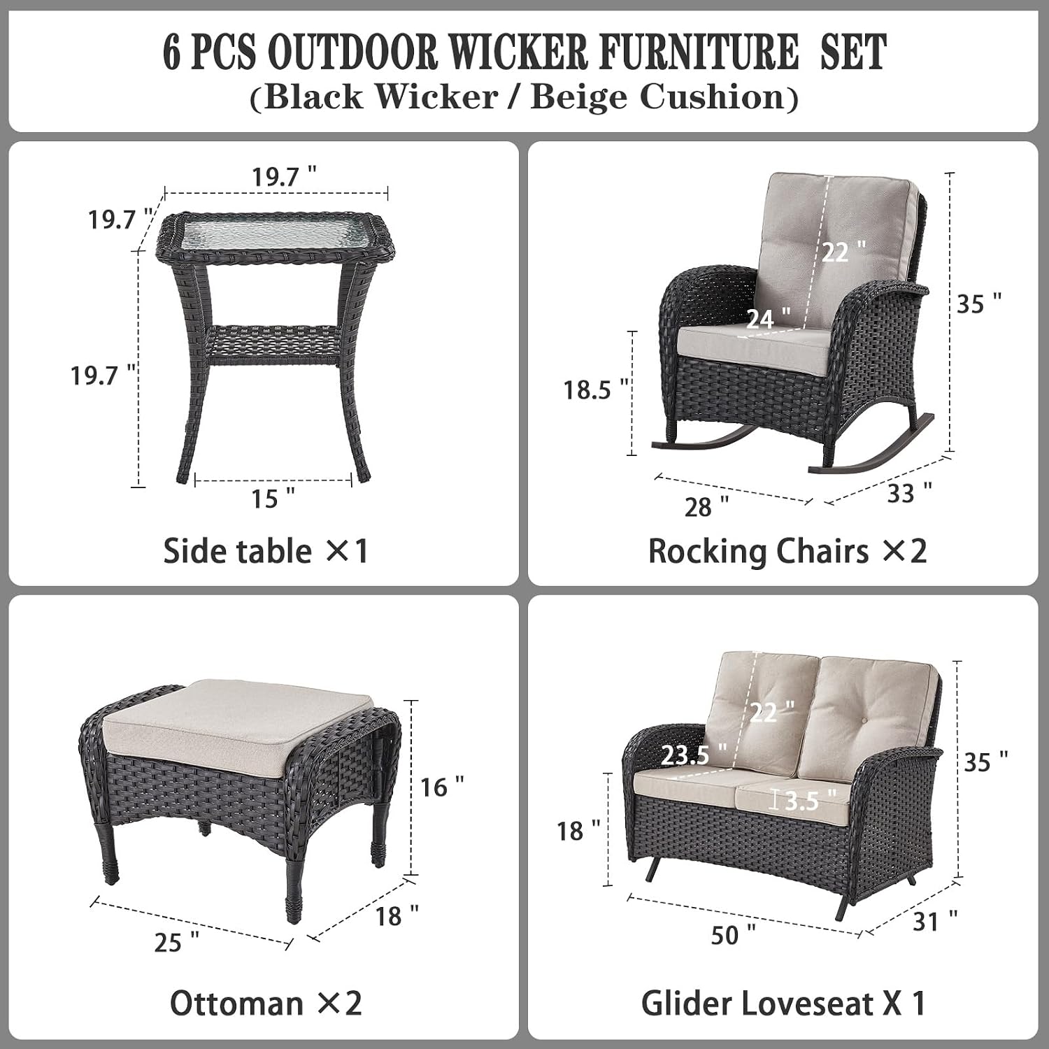 Belord 6 Pieces Outdoor Patio Furniture Set with Wicker Rocking Chairs, Rattan Patio Conversation Set with Glider Loveseat Ottomans and Side Table Black/Beige