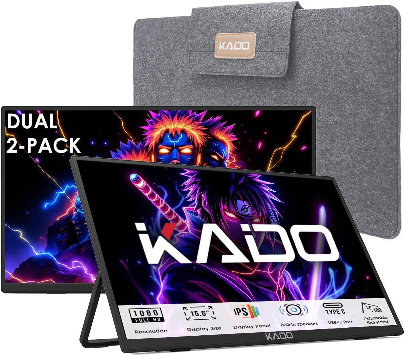 Kado Dual Portable Monitor Setup - 2-Pack 15.6'' FHD 1080p Triple Monitor Extender for Laptop and Desktop PC, USB-C HDMI Gaming Office Ultra-Slim IPS Display, 180° Kickstand Built-in Speakers