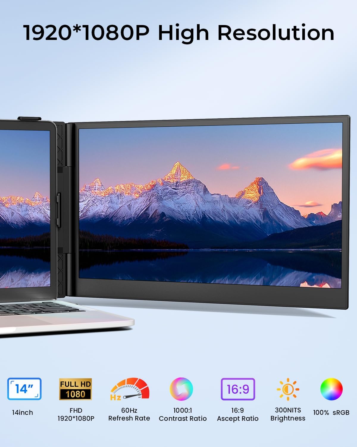 Cevaton Laptop Screen Extender, 14.1' Ultra-Slim & Lightweight Portable Monitor for 13'-17' Laptops, 1080P FHD Dual Monitor, One Cable Connection, Compatible with Wins/Mac/Android/Linux/Chrome