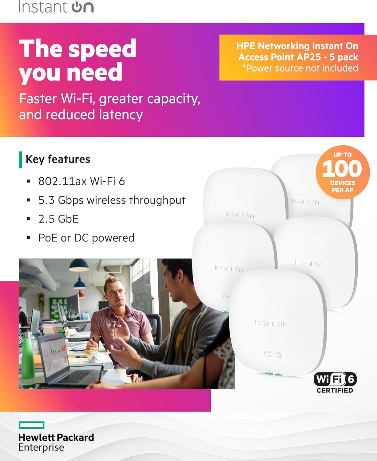 HPE Networking Instant On Access Point AP25 4x4 WiFi 6 Indoor Wireless Access Point (5 Pack) | Power Source Not Included | US Model (R9B27A-5PACK)