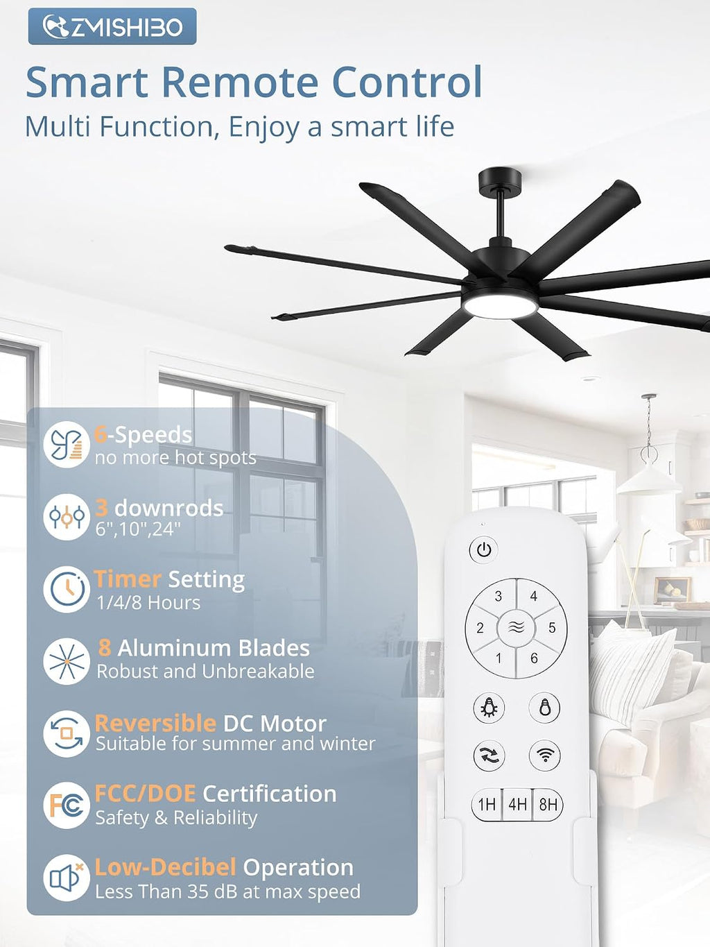 ZMISHIBO 72 Inch Ceiling Fans with Lights, Indoor/Outdoor Industrial Ceiling Fan with 8 Aluminum Reversible Blade, Quiet DC Motor, 3CCT&6-Speed Remote Control, Damp Rated for Living Room/Garage/Gazebo