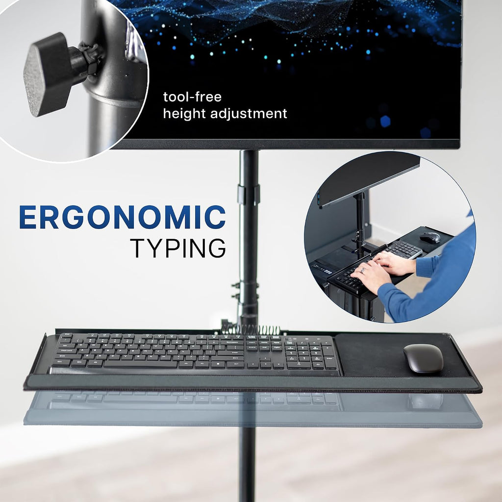 VIVO Mobile Computer Cart with Monitor Mount for up to 32' Screens, Rolling PC Desk Workstation, Full Keyboard Tray, Adjustable CPU Holder, Black, CART-PC02T