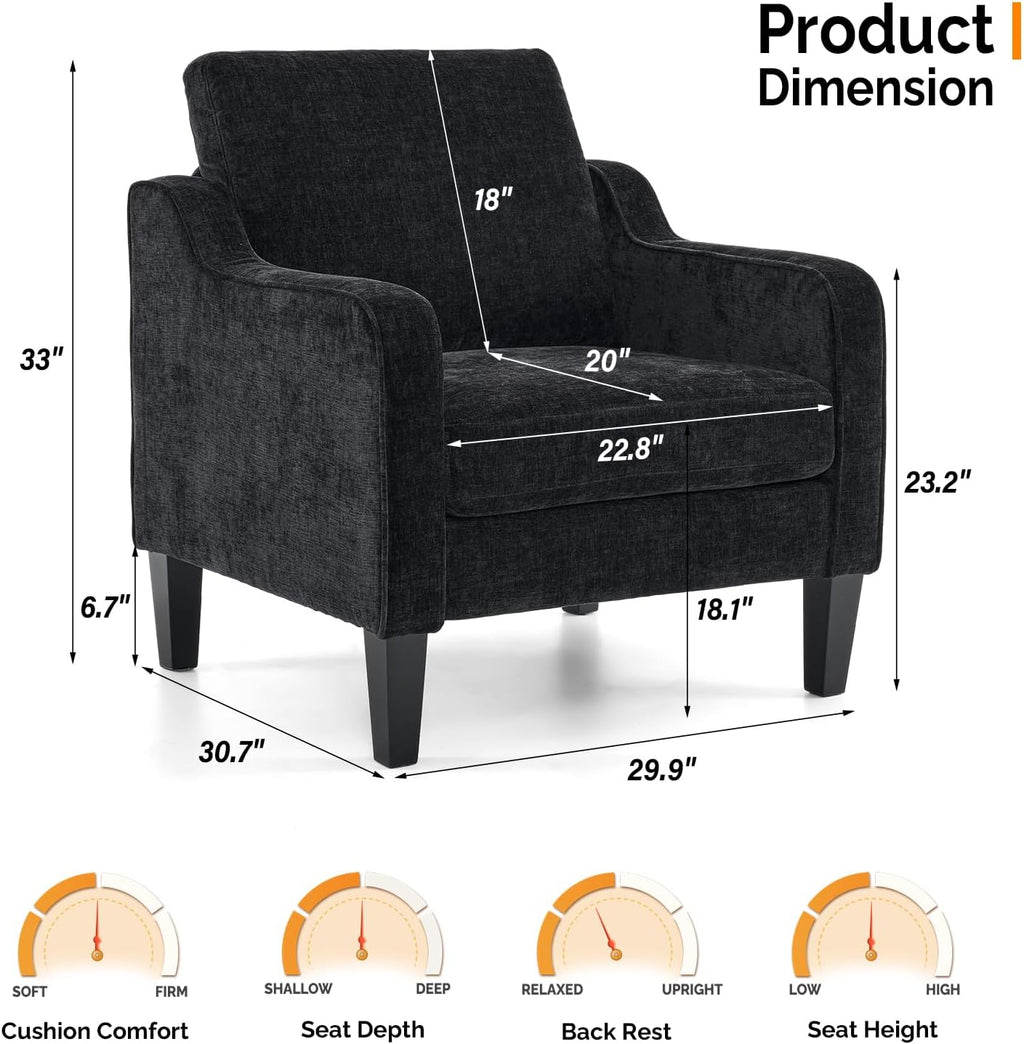VINGLI Mid-Century Modern Accent Chair, Black Chenille, 30' (W) x 30.7' (D) x 33' (H), 1 Seat, 380 lbs Weight Capacity