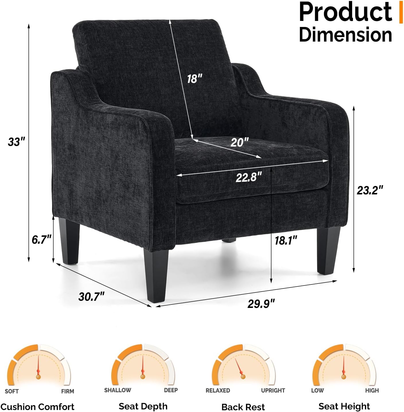 VINGLI Mid-Century Modern Accent Chair, Black Chenille, 30' (W) x 30.7' (D) x 33' (H), 1 Seat, 380 lbs Weight Capacity