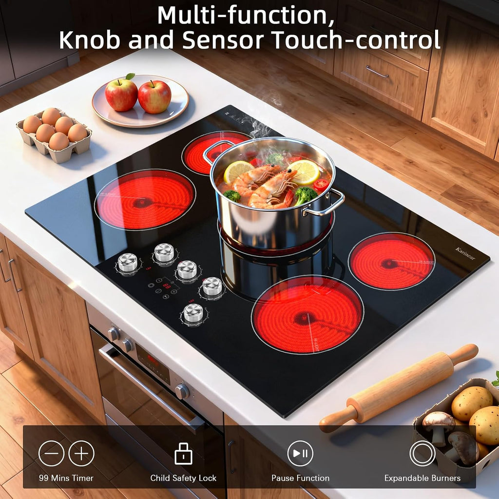 Karinear Electric Cooktop 30 Inch, 5 Burner Radiant Cooktop with Knob & Touch Control, 8500W 240V Built-in Stove Top, 9 Power Levels, Timer, Child Lock, Pause, Residual Heat Indicator(Sliver Knob)