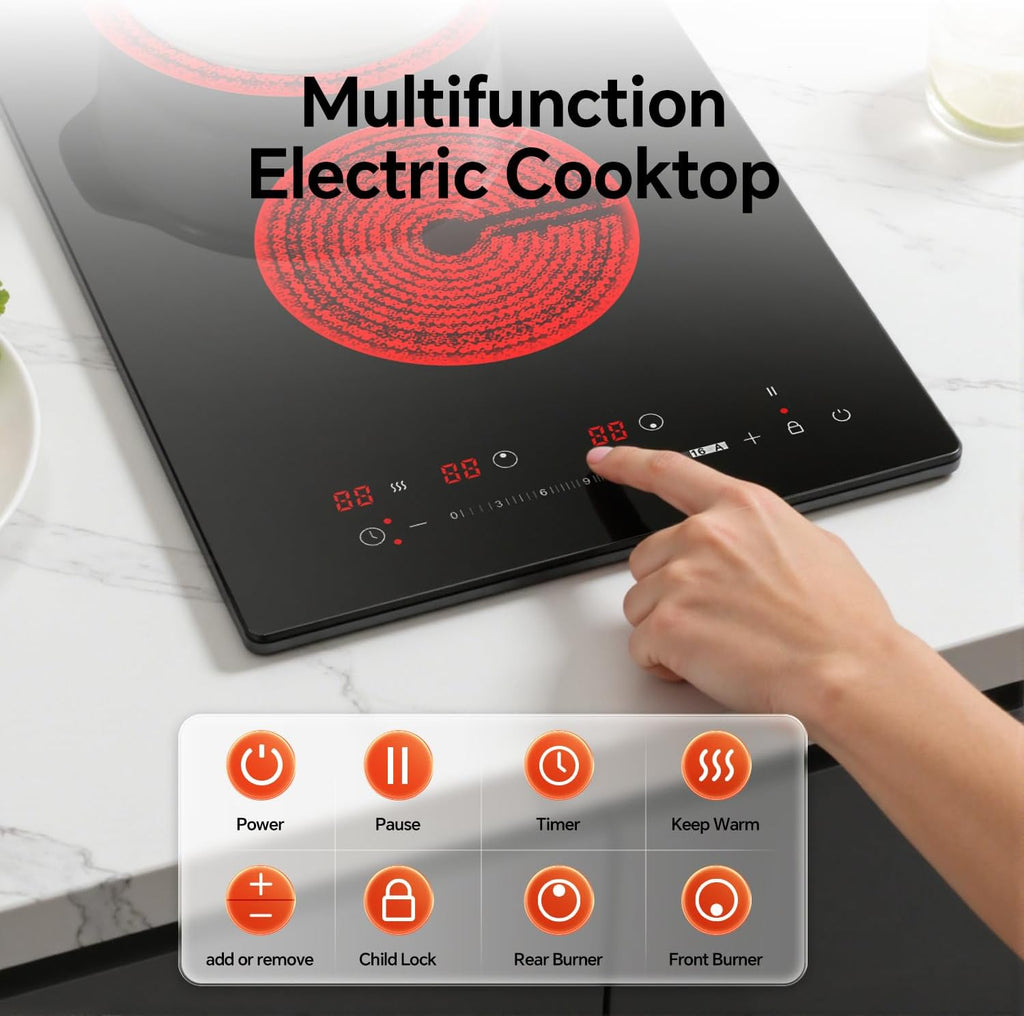Ranein 12 Inch 2 Burner Electric Cooktop, Max 3000W 240V Ceramic Panel Built-in Electric Stove Top, with Child Safety Lock, Timer, Over-Temperature Protection