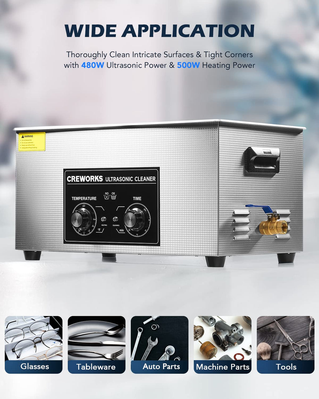 CREWORKS Ultrasonic Cleaner with Heater and Timer, 480W 22L Professional Ultrasonic Cleaning Machine, 5.8 gal Stainless Steel Cleaner with Knobs for Tool Jewelry Watch Glasses and More