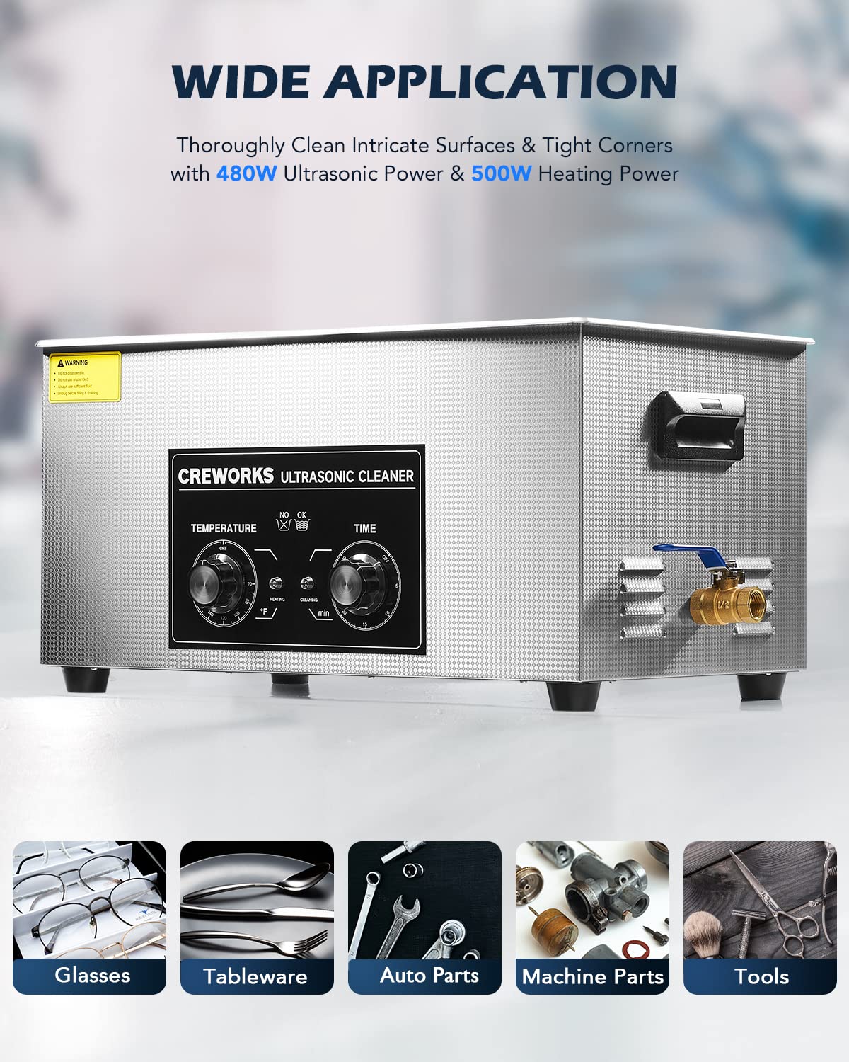 CREWORKS Ultrasonic Cleaner with Heater and Timer, 480W 22L Professional Ultrasonic Cleaning Machine, 5.8 gal Stainless Steel Cleaner with Knobs for Tool Jewelry Watch Glasses and More